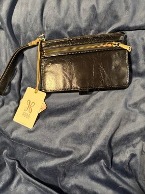HOBO Black Leather Wristlet Clutch with Gold Zippers